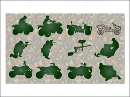 Paintball theme. Some silhouettes: ATV, Snow mobiles, paint ball men.